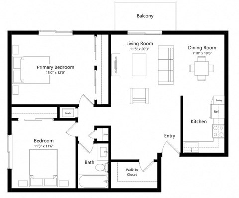 Floor plan for 2 beds, 1 bath, 926 sqft